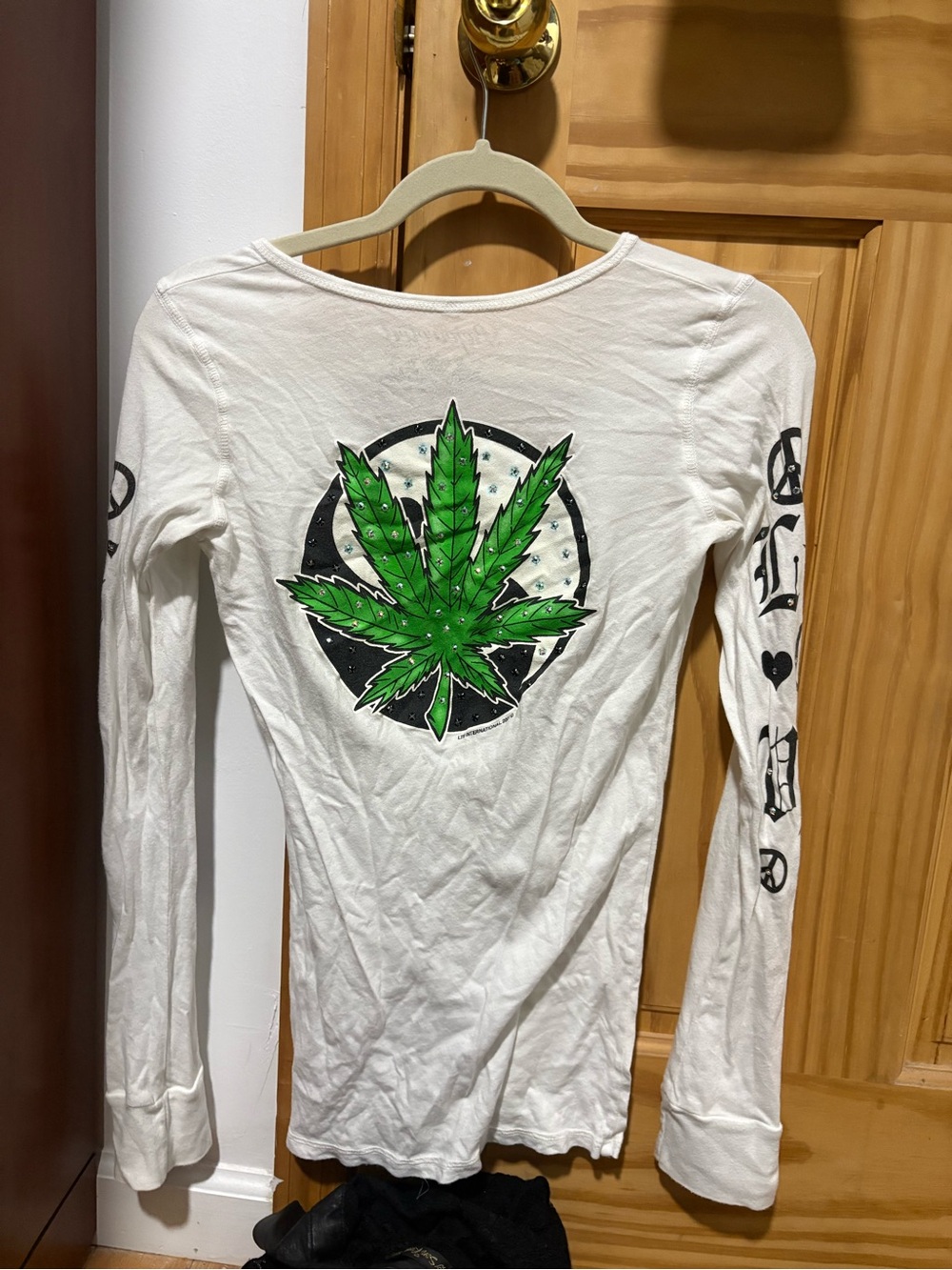 Bejeweled by Susan Fixel Y2K Leaf “Peace & Love” Henley Long Sleeve